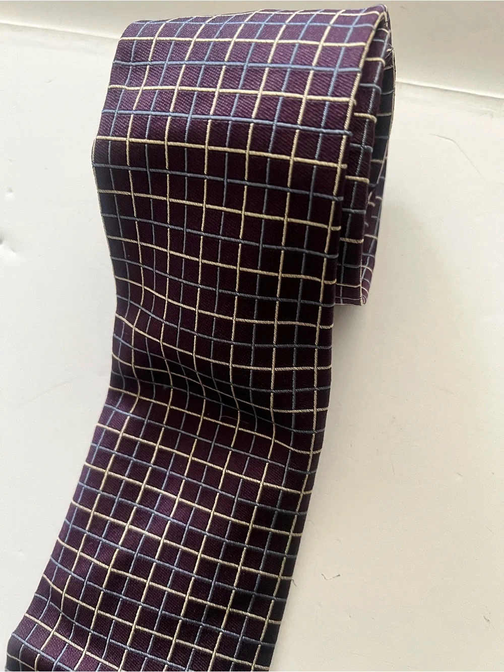 Silk Men's Tie - Deep purple with Gold and Light Blue Windowpane